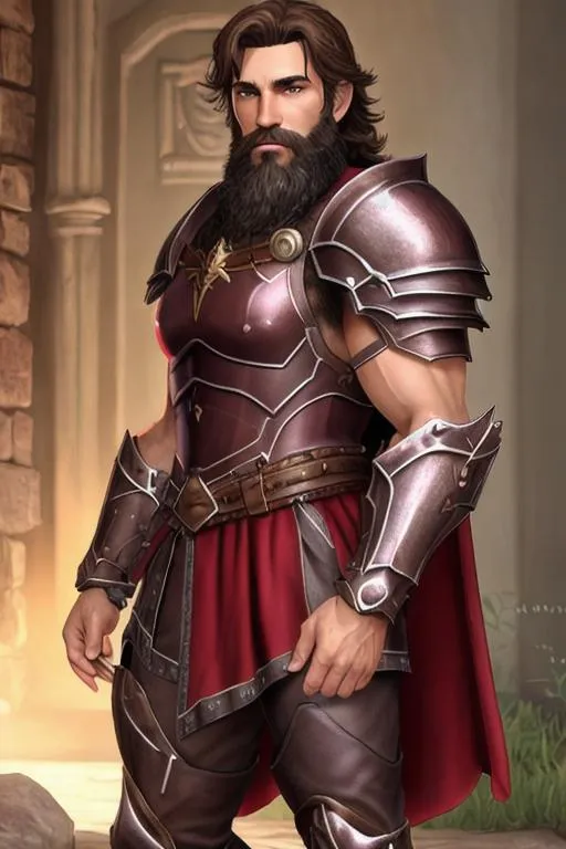 Prompt: male paladin, rugged looking, strong musculature, very hairy chest, short wavy hair and short trimmed beard, armor, crimson clothing. 