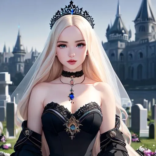 Prompt: Dove Cameron, Hyper realistic, detailed face, casting dark magic spells, battlefield ethereal black blue lace royal princess two piece dress, floating city in background, jewelry set, shoulder length straight  hair, cemetery and black flowers  in the background, royal vibe, highly detailed, digital painting, HD quality, pale skin, artgerm, by Ilya Kuvshinov 

