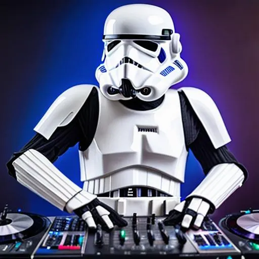 Prompt: Storm trooper as a DJ, 4k, high detail, photograph, stunning detail