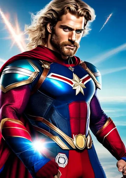 Prompt: High-resolution hyperrealistic photo of {captain britain} merged with [captain mar-vell], played by blond and bearded henry cavill, mullet haircut, blue and {silver} and red costume, uhd, hdr, 64k