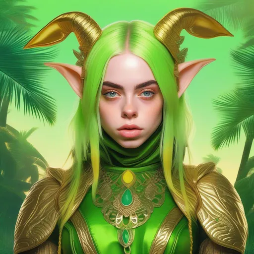 Prompt: fantasy art, digital painting, D&D character portrait of Billie Eilish as a goblin, {{green skin}}, {{large ears}}, full body, golden filigree intricate details, panned out, highest quality, beautiful sunny day, tropical vaporwave background, palm trees, 