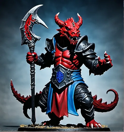 Prompt: dungeons and dragons red dragonborn cultist berserker in black armor with blue trim