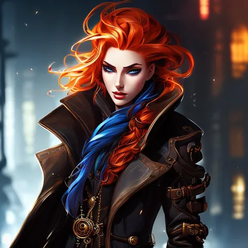 Prompt: Splash art, genasi, trench coat, ginger, flame hair, steampunk, victorian, sci-fi, very detailed character