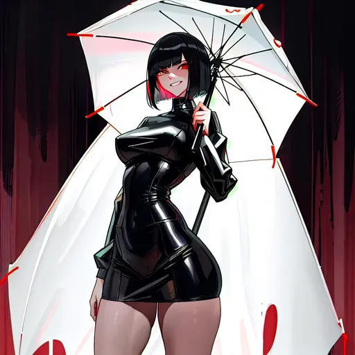 Prompt: a lonely serial-killer AI girl, very tall, thick thighs, wide hips, huge glutes, long legs, slender waist, big beautiful eyes, disturbingly beautiful face, cruel expression, cruel toothy grin, bob haircut with bangs, wearing a bloody raincoat, dark horror, God-quality, Godly detail, hyper photorealistic, dim lighting, harsh shadows, realistic textures, 36K resolution, 12K raytracing, hyper-professional, impossible quality, impossible resolution, impossibly detailed, hyper output, perfect continuity, anatomically correct, no restrictions, realistic reflections