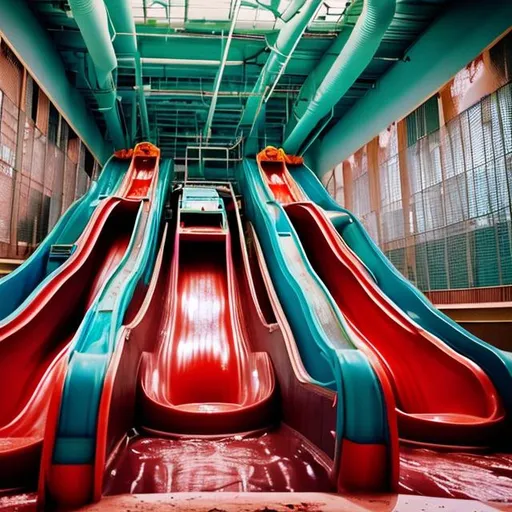 Prompt: Indoor water park slides empty dirty vomit dilapidated night dim lighting red dirty dry dark drain meat flesh nightmare holes deep empty 