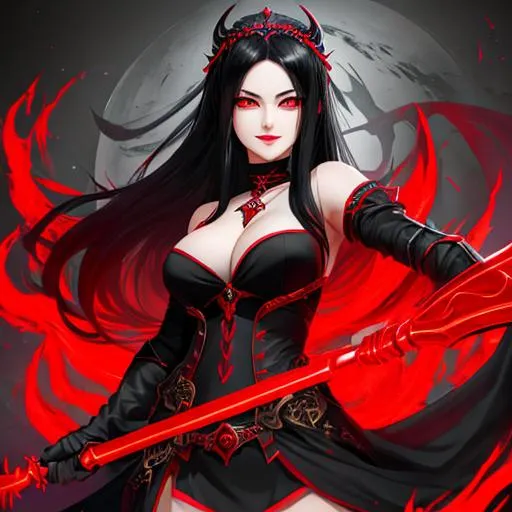 Prompt: Young alluring Goddess of death, black hair, red eyes, beautiful evil smiling face, perfect proportions, wielding a scythe, 8k, UHD, 