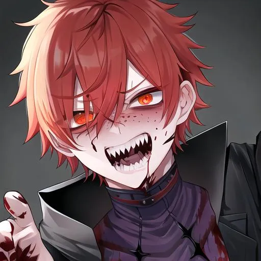 Prompt: Erikku male adult (short ginger hair, freckles, right eye blue left eye purple) UHD, 8K, Highly detailed, insane detail, best quality, high quality, covered in blood, covering his face with his hand, wide eyes, insane, fear, threatening, laughing, angry, fighting, psychopathic 