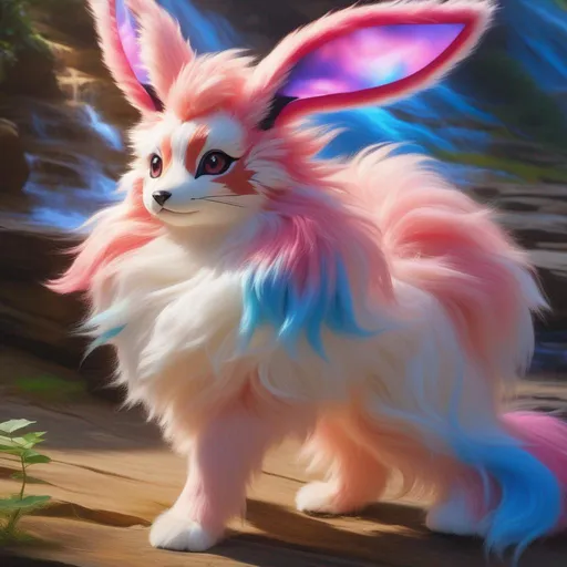 Prompt: Sylveon, epic oil painting, realistic, photograph, hyper real, furry, hyper detailed, beautiful, UHD, studio lighting, best quality, professional, 8k eyes, 8k, highly detailed, highly detailed fur, canine quadruped, (high quality fur), fluffy, fuzzy, full body shot, zoomed out view of character, perfect composition, trending, instagram, artstation, unreal engine, high octane, cute, adorable smile, peaceful, highly detailed background, vivid vibrant, concept art, character reveal, extremely detailed fur, rich shading, vivid colors, high saturation colors