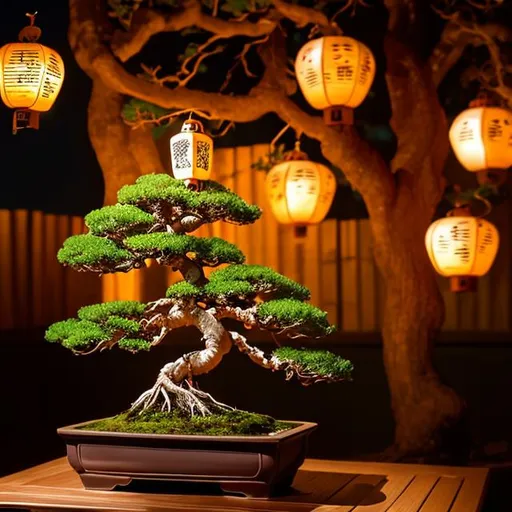 Prompt:  Bonsai with a wooden tree house and lanterns at night
