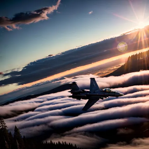 Prompt: a silver military fighter jet aircraft flying in clear skies above the clouds with a sunset behind. the forest can be seen through the clouds below.