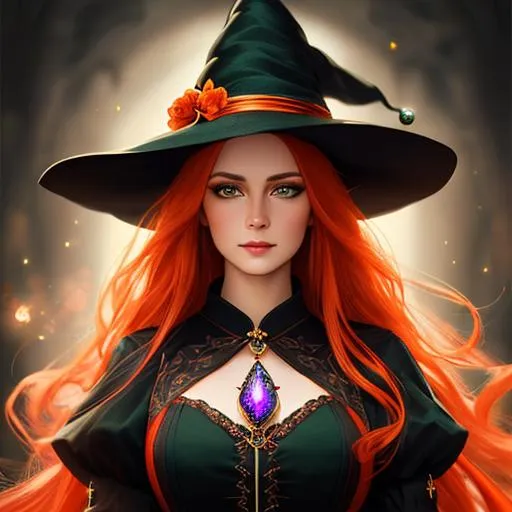 Prompt: beautiful witch, attracting and object with telekinesis, her green eyes seem to apear sparkling, red flowing hair with orange highlights, oil painting, UHD, 8k, Very detailed, cinematic, realistic, photoreal, trending on artstation, sharp focus, studio photo, intricate details, full body