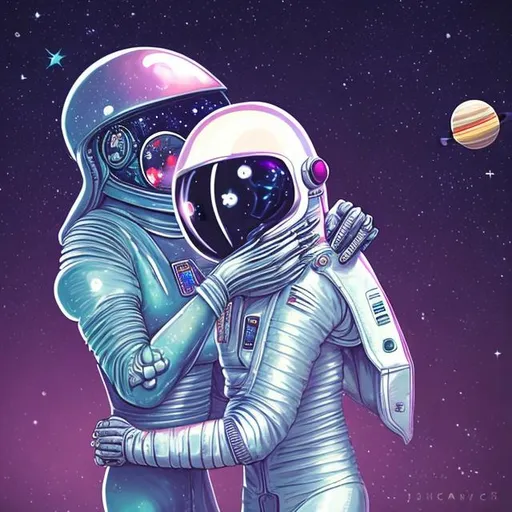 Prompt: retro futuristic spaceman in the loving arms of an alien princess