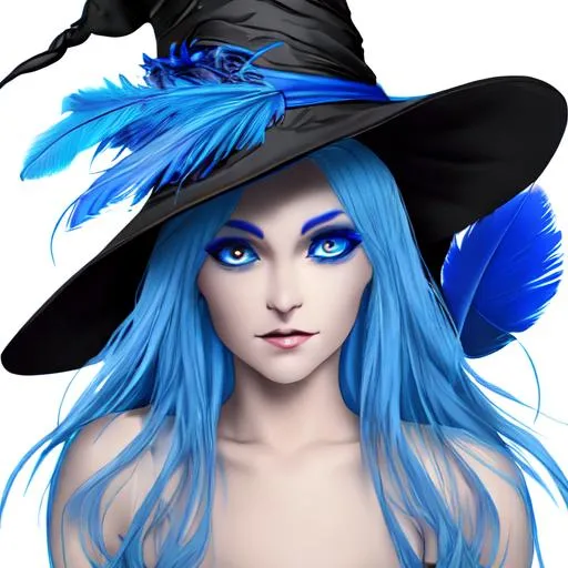 Prompt: blue feather witch with zmber eyes