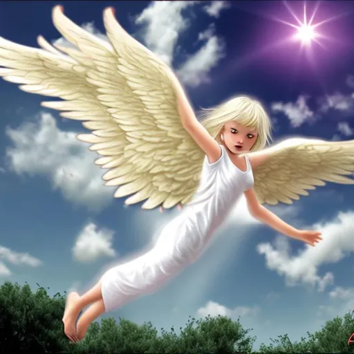 Prompt: Beautiful blonde angel falling