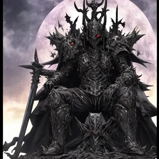 Prompt: A demon lord in pitch-black armor and a black sword that contained the soul of his beloved younger sister was sitting on a throne with the corpses of foolish heroes on the night of the eclipse.