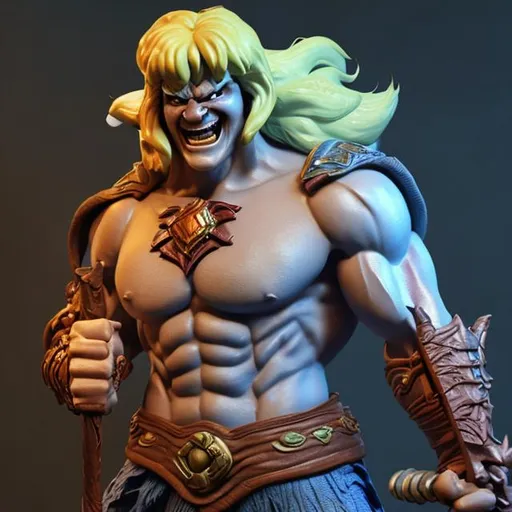 Prompt: 3d realistic rendering of laughing he-man toy with sword in his hand, stunning 3 d render inspired art by of Roger Sweet, realistic, highly detailed attributes and atmosphere, dim volumetric cinematic lighting, 8 k octane detailed render, post - processing, masterpiece,