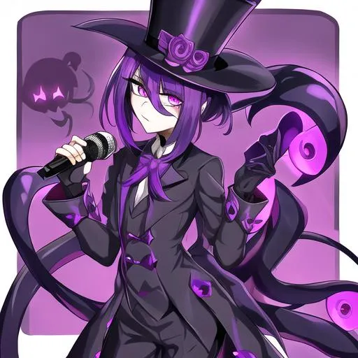 Prompt: Your OC is a small shadow hydra, with electric purple eyes. They identify as being genderless, and have a monotonous voice. As an accessory, they have a top hat, and they can be seen holding a microphone.