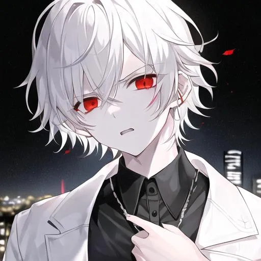 Prompt: 1boy, male, adult, calm demeanor, short_hair, hyperrealisitic, blood on face, pale_skin, white_hair, black aura, blood, messy_hair, alternate costume, white jacket, red eyes, angry, 4K, HDR, detailed face, detailed background, tokyo, night_sky, city, 