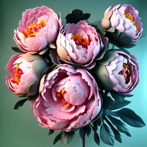 Prompt: In the mood of love of peony, big huge beautifully blossomed peonies with big leaves, 3D effects, cute, clay like, soft edges, airbrush 