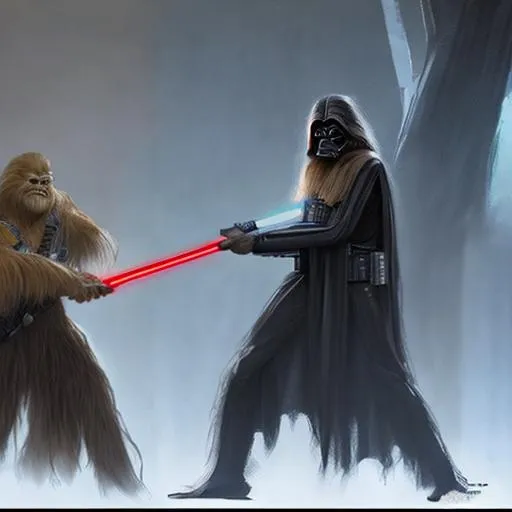 Prompt: star wars concept art, Wookiee Jedi duel, cinematic