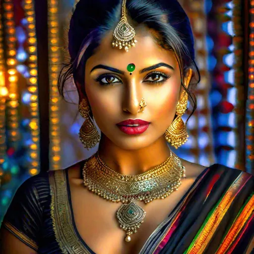 Prompt: Hyperrealistic hyperdetailed HDR potrait picture in
 bright lighting, a hot poster with sister looking into camera, detailed lips, deepest cleavage, transparent black saree, bindi and bangles and mangalsutra, zoomed lips, cover girl, detailed facial expression of sexuall6 inviting look, sexual tension, no blouse, visible arousal