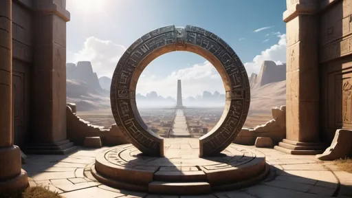 Prompt: circular portal, gateway between cities realms worlds kingdoms, ring standing on edge, freestanding ring, hieroglyphs on ring, complete ring, panoramic view