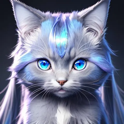 Prompt: anime portrait of a cute cat, anime eyes, beautiful intricate blue fur, shimmer in the air, symmetrical, in re:Zero style, concept art, digital painting, looking into camera, square image