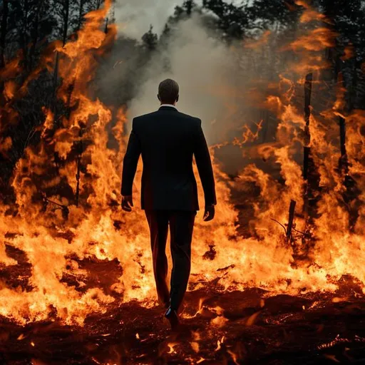 Prompt: a man in a suit walking through fire