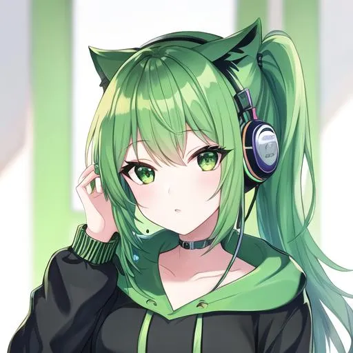 Prompt: Green hair, hd, fantasy, 8k, green eye, beautiful, cool girl, flat, hoodie, headphone 