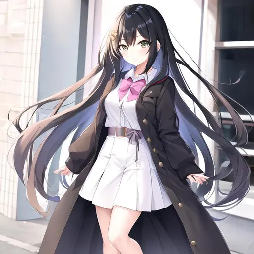 Prompt: Anime girl with a long straight black hair, using clothes in pastel shade of colours, cute and fancy accessories.