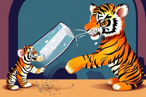 Prompt: a vibrant illustration of a tiger cub knocking a glass off a table