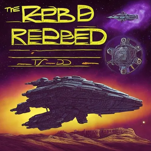 Prompt: The words "ZEB RED" written on the starship 5011 in English.  The purple and yellow starship is tattered and old. You can read zeb red in all languages. 