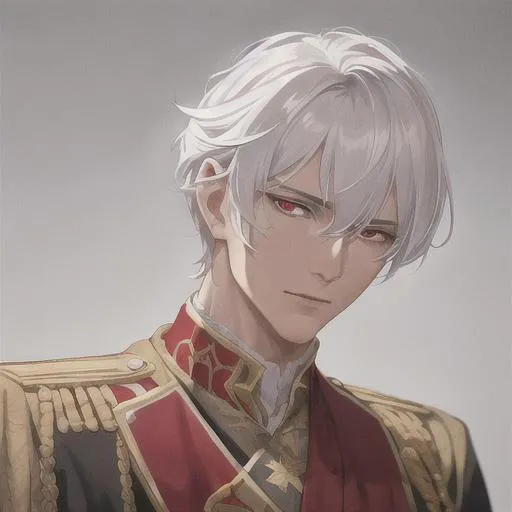 Prompt: "A close-up photo of a handsome prince with short trimmed hair, white hair, red eyes, wearing a kings robe, in hyperrealistic detail, with a slight hint of disgust in his eyes. His face is the center of attention, with a sense of allure and mystery that draws the viewer in, but his eyes are also slightly downcast, as if a sense of disgust is lingering in his thoughts. The detailing of his face is stunning, with every pore, freckle, and line rendered in vivid detail, but the image also captures the subtle emotions of disgust that might lie beneath his surface."