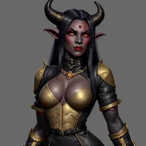 Prompt: A female tiefling dragonborn hybrid, humanoid face, with red skin, black hair, black horns, a black tail, gold reptilian eyes and black scales scattered on her cheeks, arms and legs, wearing a black leather coat