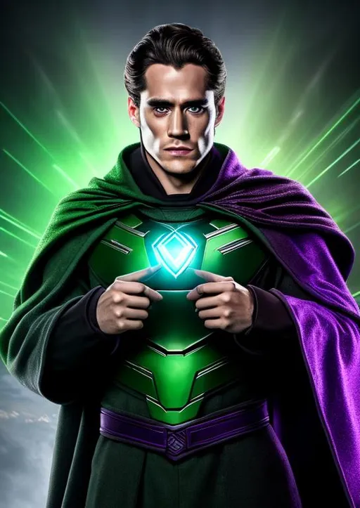 Prompt: High-resolution hyperrealistic photo of doctor doom victor von doom merged with kang the conqueror nathaniel richards,, purple and green and grey costume, uhd, hdr, 64k