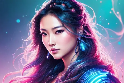 Prompt: illustration art of a beautiful long haired asian woman, hair tied back, blue eyes glowing, front, wearing body accessories, epic Instagram, artstation, hyper-detailed intricately detailed , synthwave, fantastical, intricate detail, splash screen, complementary colors, fantasy concept art, 8k, deviantart masterpiece, heavy strokes, splash arts