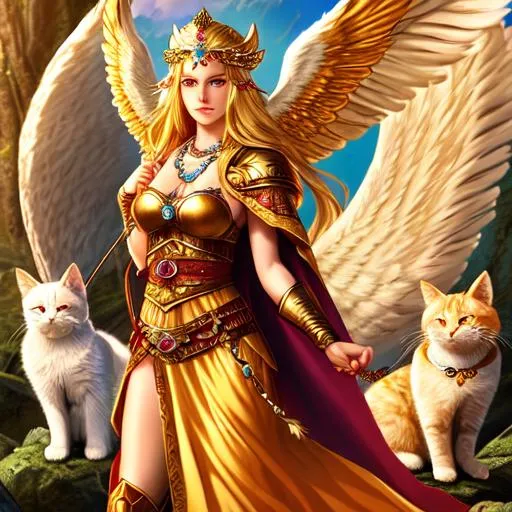 Prompt: freyja goddess of love, fertility, magic and war, norse woman, smooth skin, feathered cape, blonde long hair, beatiful woman, cats, golden necklace, wing ears, vanir, viking warrior, valkyrie
