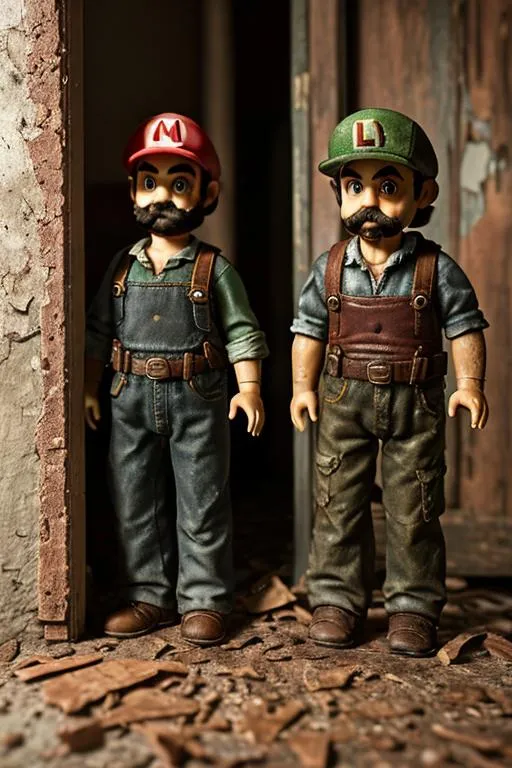 Prompt: a doll mario and a doll Luigi in the world(the last of us), full body, hiding in the building

vintage, miniature. (high detailed skin:1.2), 8k uhd, dslr, soft lighting, high quality, film grain, Fujifilm XT3, hyper realistic, detailed head