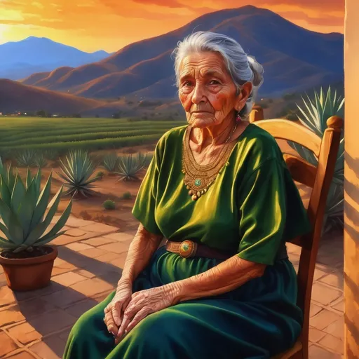 Prompt: Old woman in a green dress, gold -and gemstone jewelry, sitting on porch, agave field sunset view, traditional painting, warm and vibrant colors, detailed wrinkles and serene expression, high quality, traditional art style, warm tones, soft sunset lighting, nostalgic atmosphere, hills, mountains