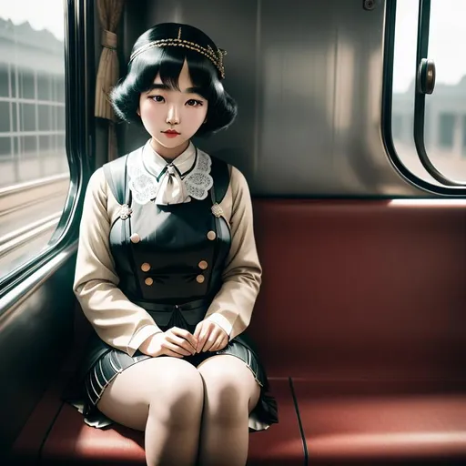 Prompt: old time photo of young Korean girl, dressed with 1920s hair, dressed like flapper, sitting on train, raw photo, photorealistic, High Detail, dramatic, UHD, HDR raw photo, realistic, sharp focus, 8K high definition, insanely detailed, intricate, high quality, 