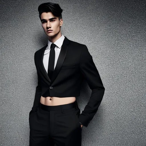 Prompt: crop top black long sleeve business suit with a black necktie, bare midriff, bare navel, black business suit pants, 22-years old, man, rock hard abs, long flowing hair, hands on hips, plain dark background, shining light behind man, photo, hdr, 2k, amazing cinematography,((high quality))