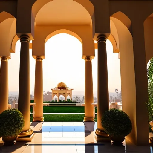 Prompt: Create some pillars with golden details, with an arch interconnecting the others and a balcony at the top of these pillars, external view, in a front view, seen from the backyard horizontally, cinematic light, front angle view, UHD, HDR, 8K, ((Masterpiece))