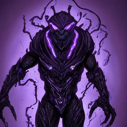 Prompt: Ink black humanoid creature with Glowing purple eyes