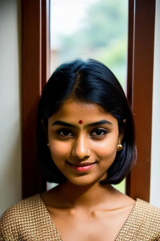 Prompt: portarit, North east Indian girl, attarctive, age 25, slim, short dark hair, subtle smile, traditional textured attire, muted colours, standing three quarters to the viewer, looking directly at viewer, indoor, home, high contrast, cinematic lighting, smooth rendering, subtle haze, diffused day light coming from window on frame left, high resolution, photo realistic, high detail