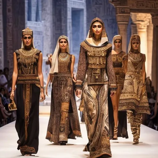 Prompt: A modern fashion show amidst the heritage and antiquities of the Pharaonic civilization, as if the fragrant of history mixed with the elegance of the present