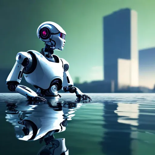 Prompt: An AI robot gazing at its reflection in water.