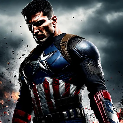 Prompt: High-resolution hyperrealistic photo of {{the punisher}} [[frank castle]] merged with captain america {{steve rogers}}, skull logo, black and crimson and grey costume, tattered US flag, uhd, hdr, 64k