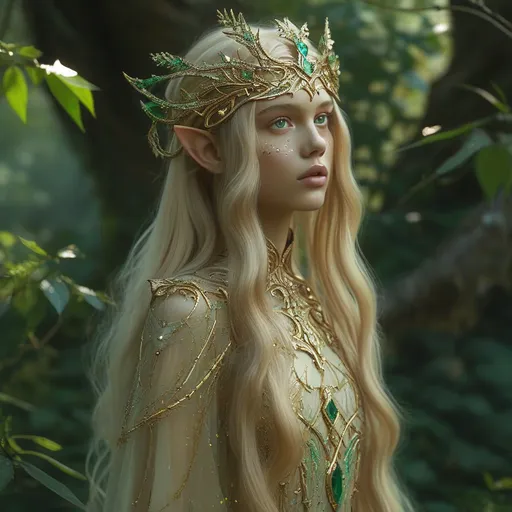 Prompt: Female elf royalty, elegant and regal aura, intricate ornate gown sparkling with emerald and gold accents, delicate silver tiara studded with gemstones, ethereal long flowing hair cascading down her back, poised posture radiating strength and grace, lush green forest background dappled with sunlight, lush foliage and ancient trees, mystical ambiance, enchanting atmosphere, charming and captivating, ultra-detailed, 4K quality.