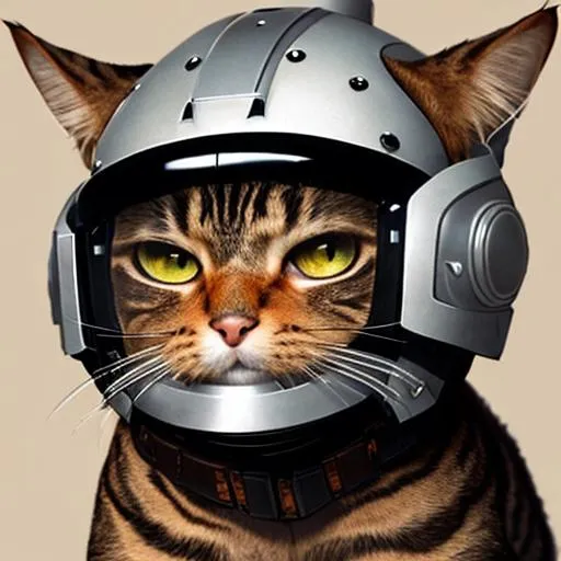 Prompt: a brown tabby cat wearing a scifi  armored helmet 