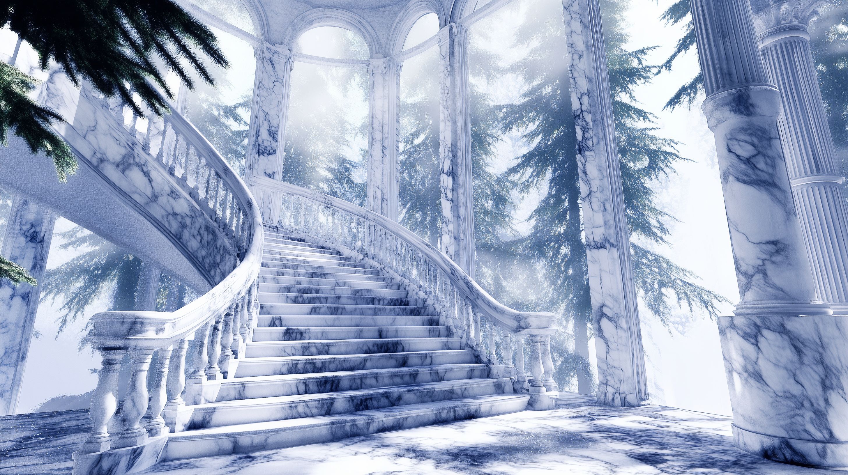 Prompt:  Art Deco + Art Nouveau, winding staircase entrance, grand entrance, marble and nature combine, freshly polished, natural lighting, dust particles in the light, vibrant sunshine, white marble with black marks, looking out on tall misty mountians full of snow capped peaks in a rough forest of pine trees with a touch of morning frost on the branches